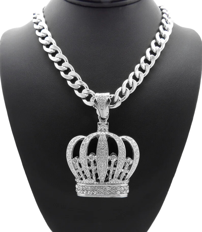 Hip Hop Silver Plated Alloy Cubic Zirconia King Crown Charm Cuban Chain Necklace