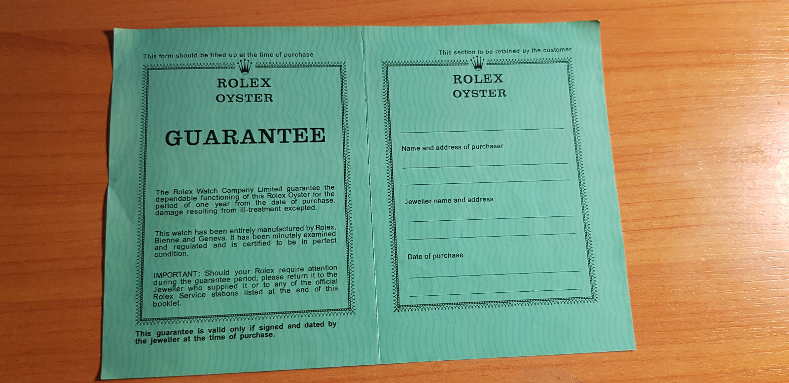 Rolex Oyster Guarantee english about `50-60