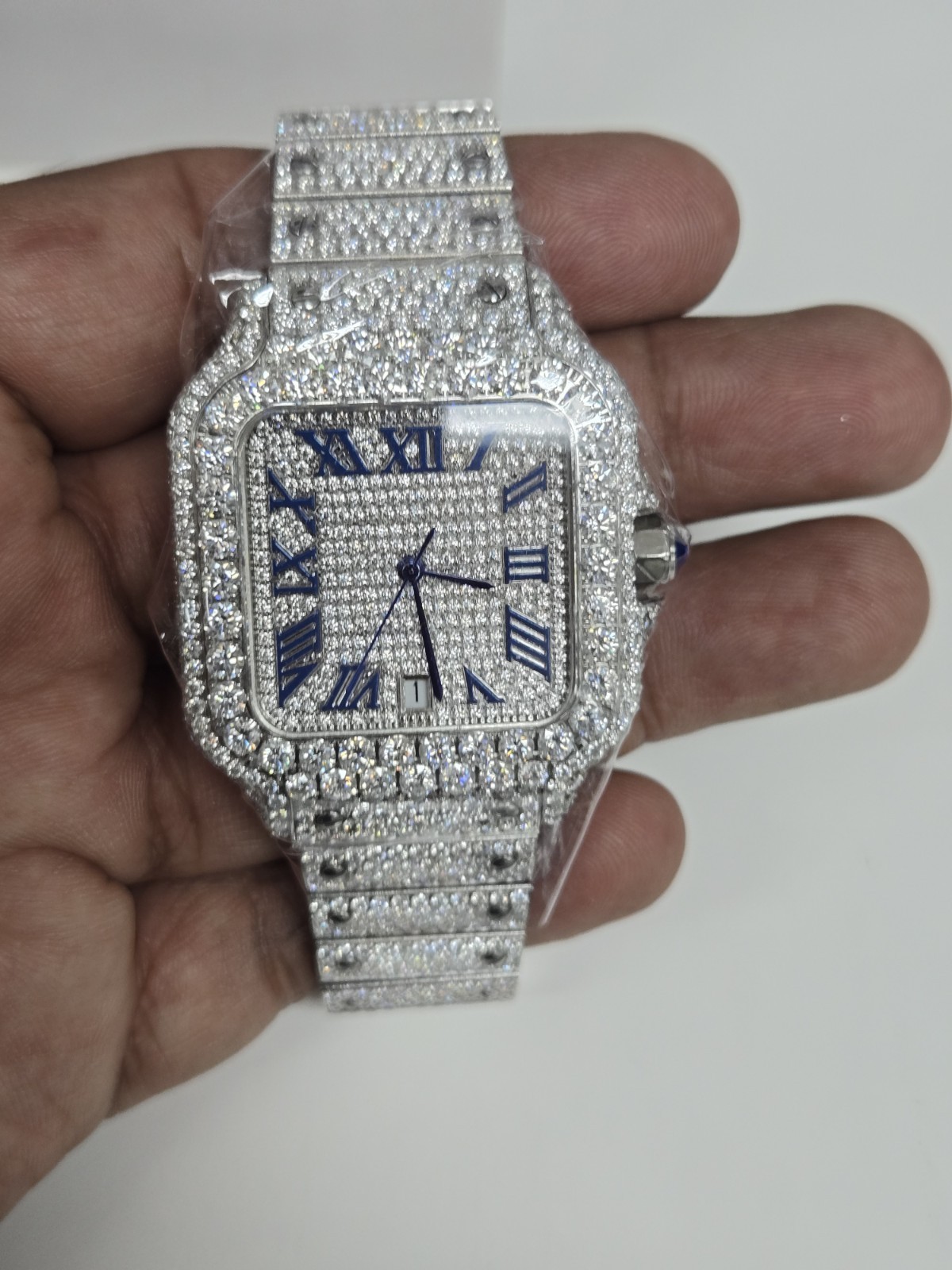 Moissanite Watch St.Steel Case & Band Full Rhodium Blue Digit hands , New w/Box