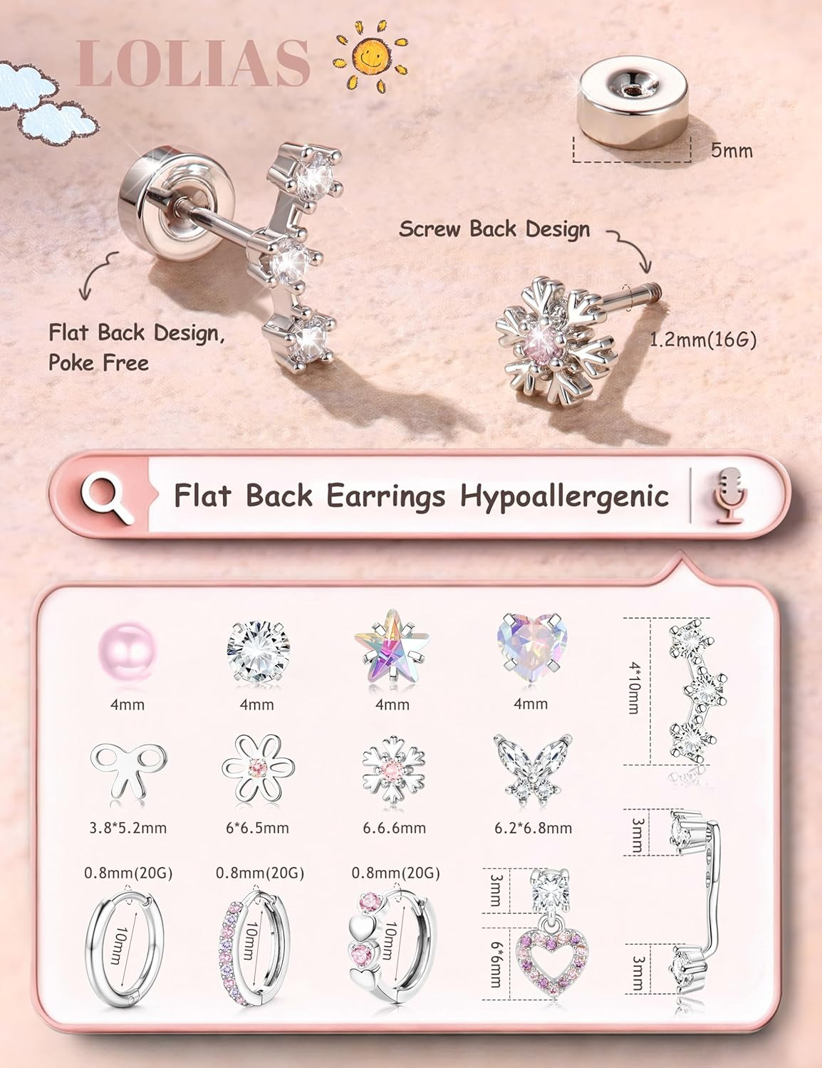 Hypoallergenic Flat Back Earrings for Women Girls-Surgical Stainless Steel Earri