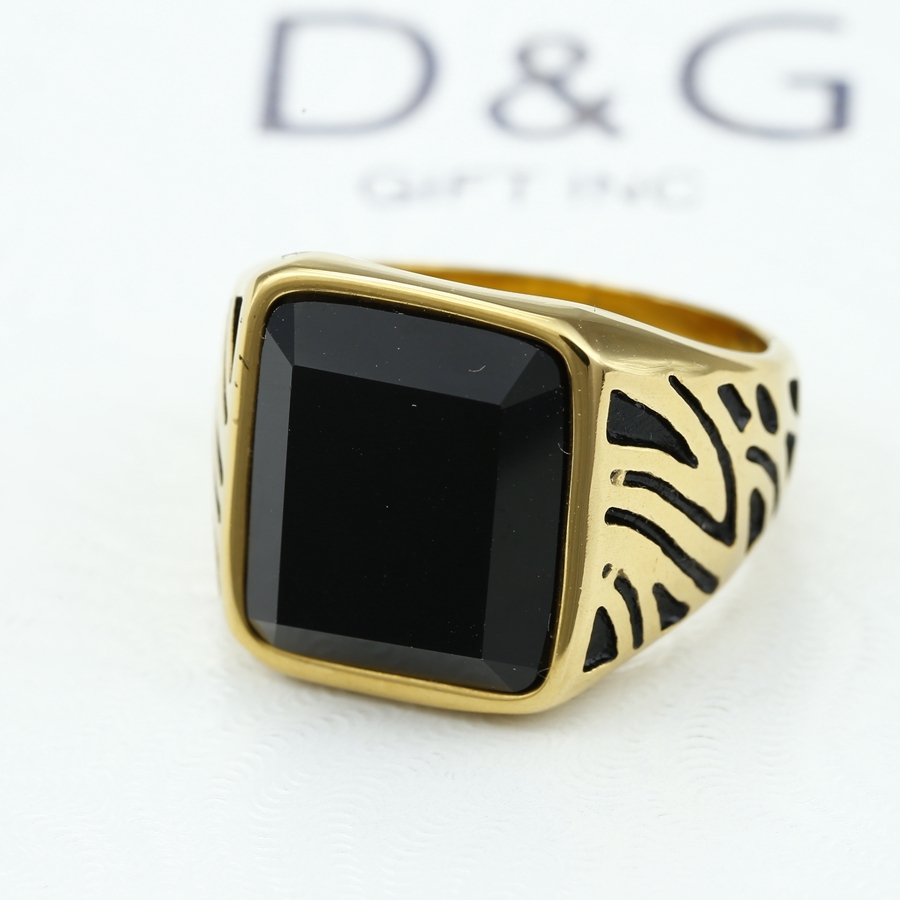 DG Men’s Stainless Steel Black Onyx Ring Gold plated Size 8 9 10 11,12,13 Box