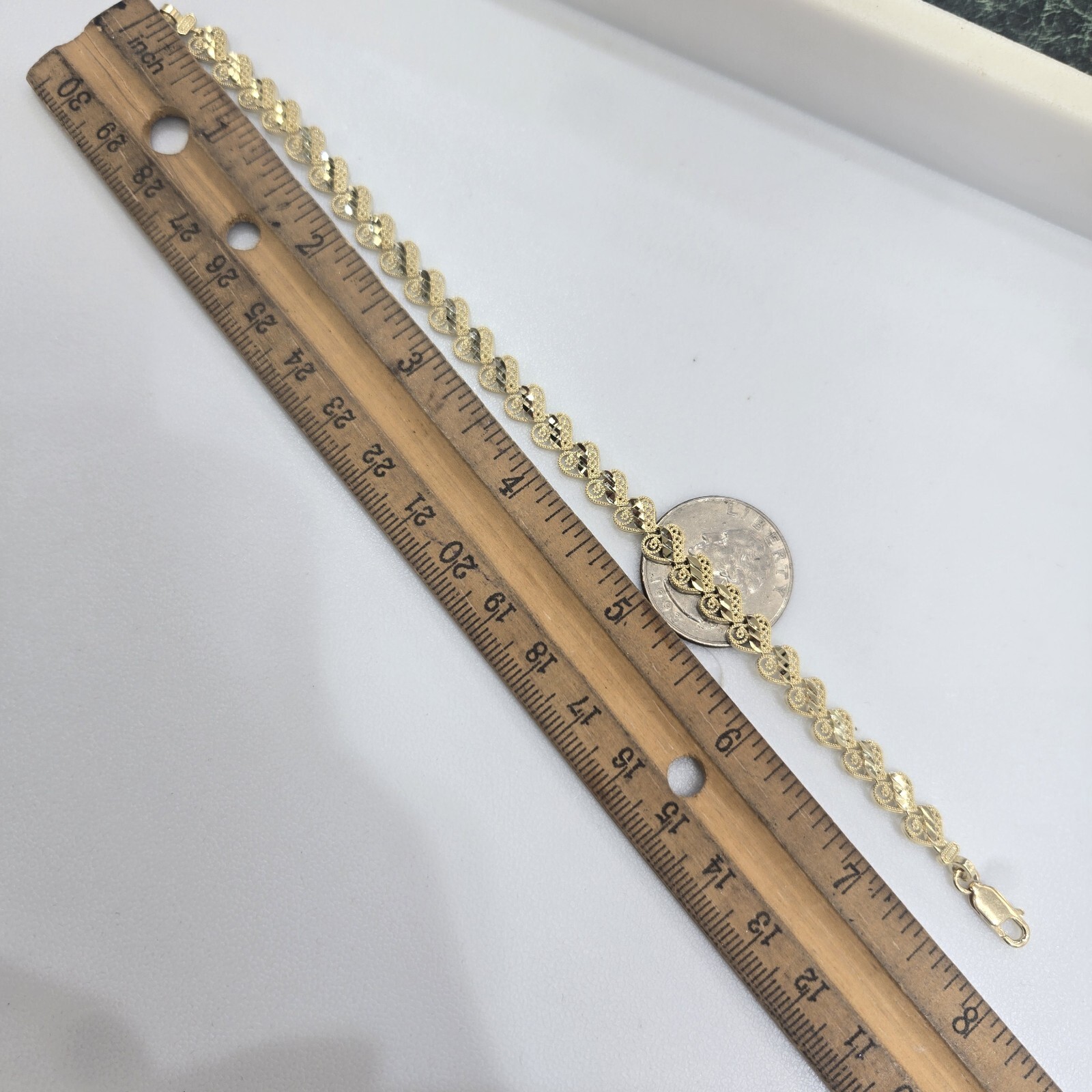 Solid 10k yellow gold hearts Bracelet 8 Inches Long Diamond Cut Large Size