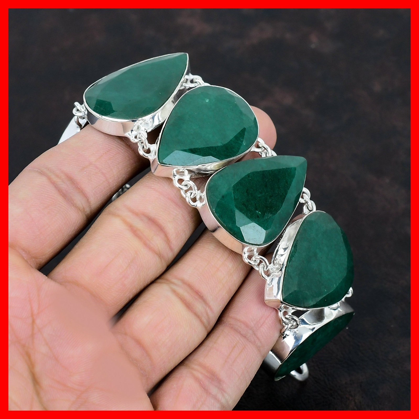 Zambian Emrald Gemstone Chain Anniversary Elegant Bracelet 925 Sterling Silver