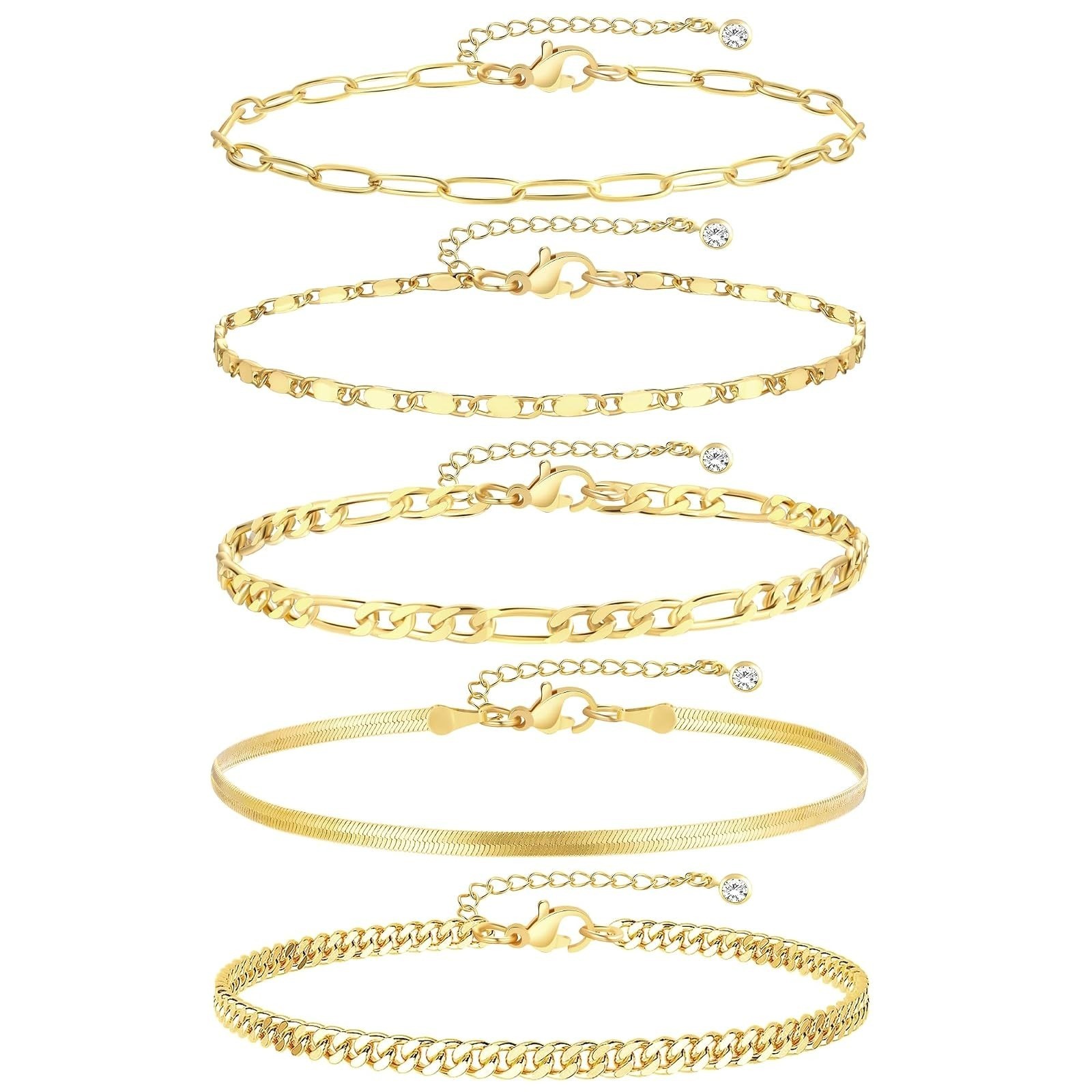 14k Gold Plated Cuban Link Anklet Set for Women – Adjustable 5pcs
