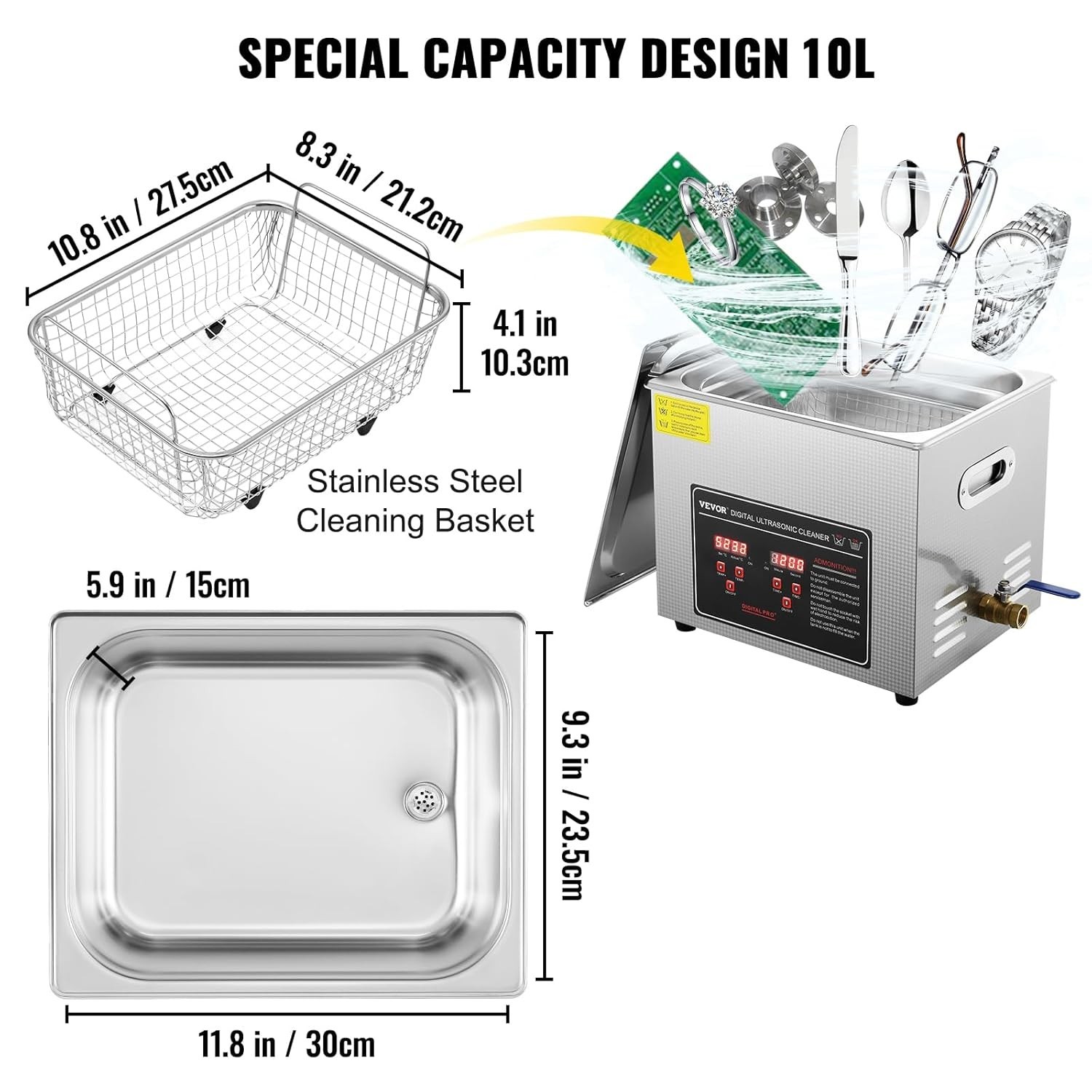 Ultrasonic Jewelry Cleaner 10L Digital Timer Heater Stainless Steel Versatile