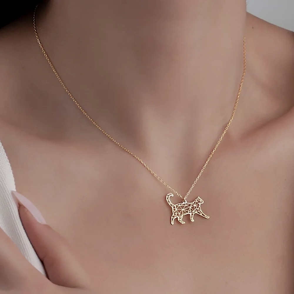 Cute Hollow Cat Necklace for Women Men Stainless Steel Silver Color Animal Pet C