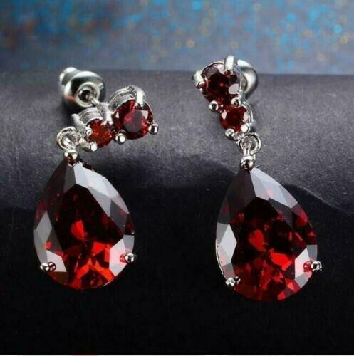 4Ct Pear Cut Red Garnet Solitaire Drop & Dangle Earrings 14K White Gold Finish