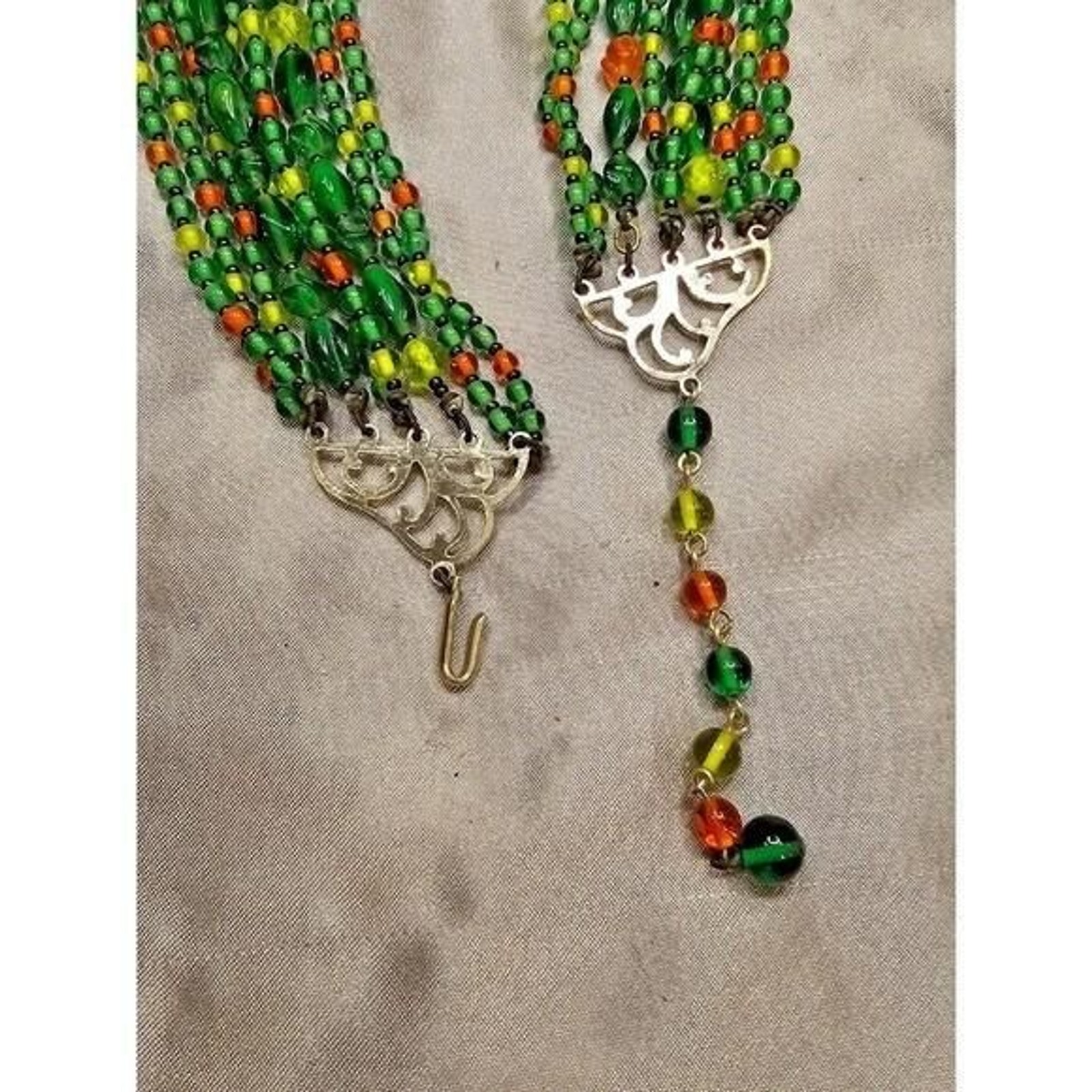 Vintage Multi Strand Beaded Bib Necklace Green Orange Yellow Glass Tiers Boho