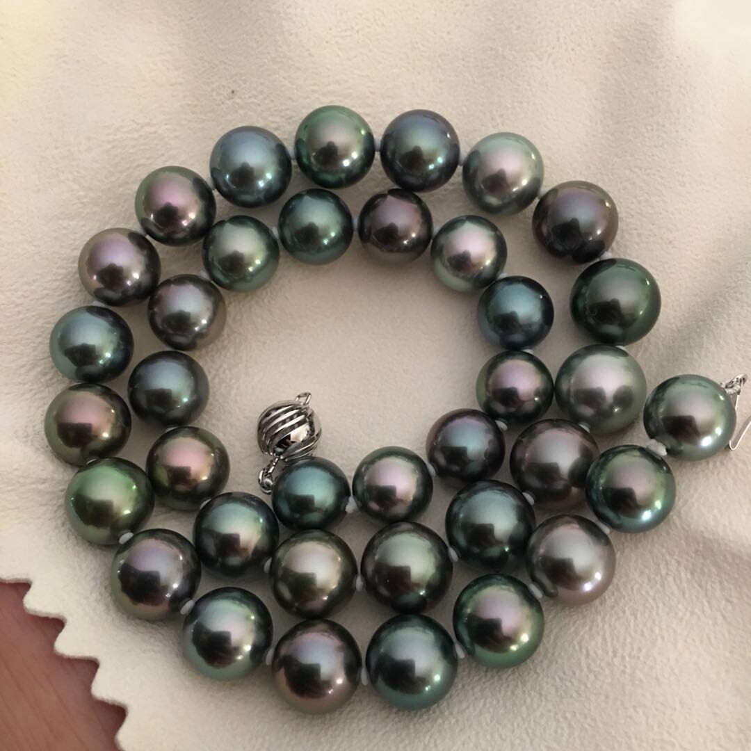 Rare Multi-gray Peacock black Tahitian Pearl 10-11.6mm Top Quality Necklace 43cm