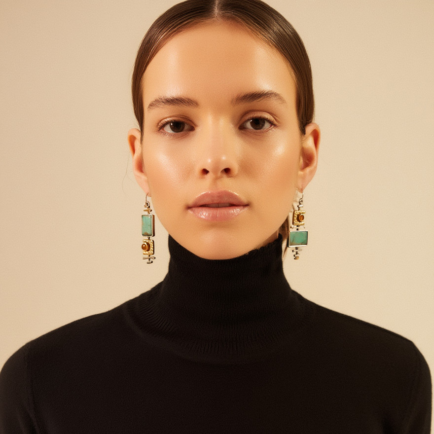 Green Turquoise Geometric Dangle Earrings Silver Gold Boho Drop