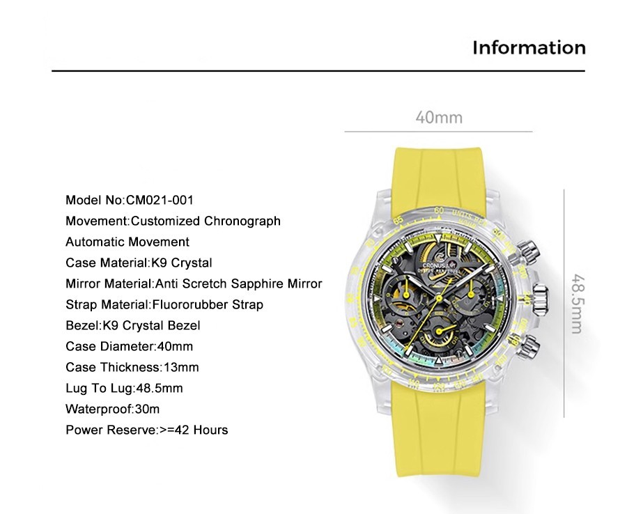 CRONUSART Men Chronograph Watch 40mm Automatic Mechanical Wristwatch K9 Case