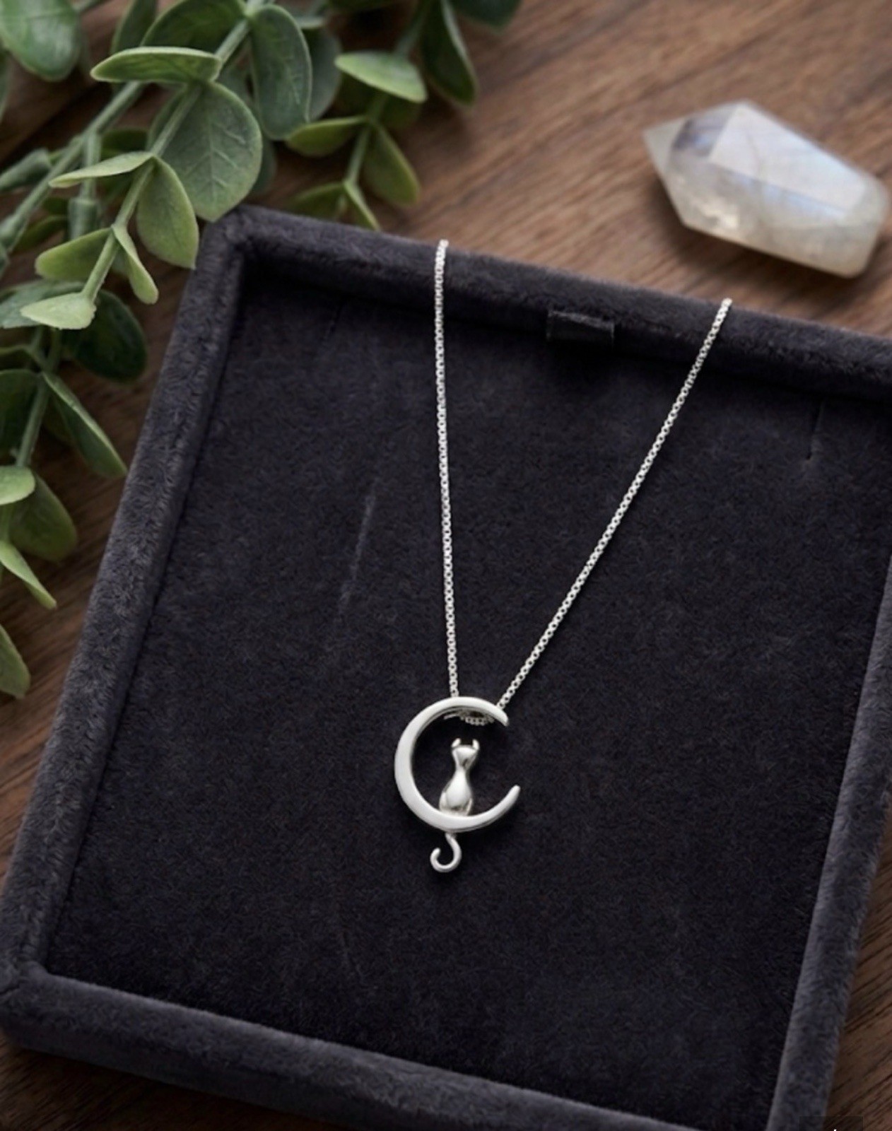 925 sterling silver kitten cat on a crescent moon necklace