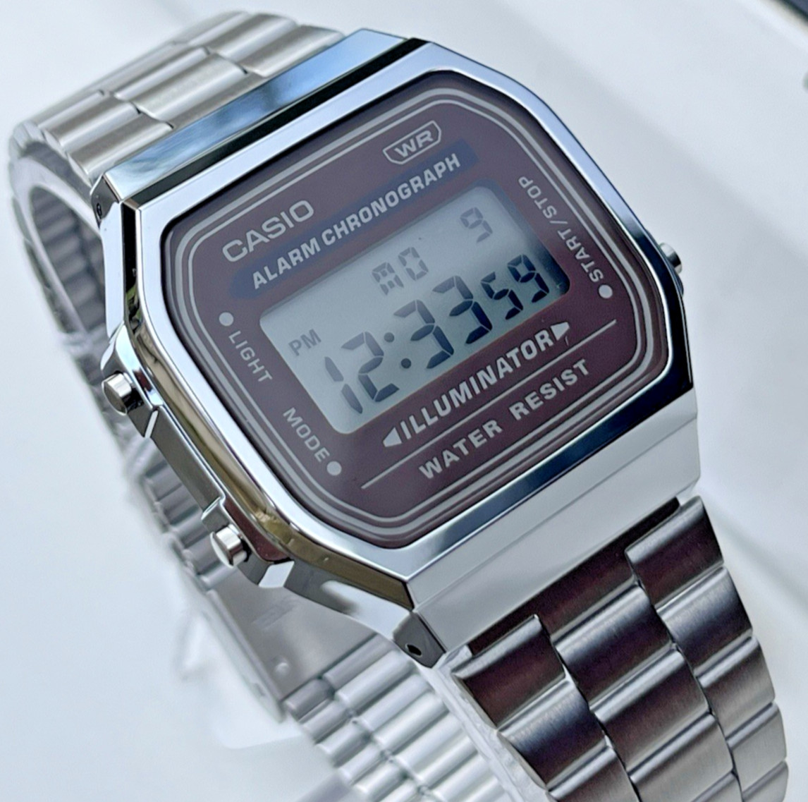 CASIO VINTAGE A168WA-5AYDF UNISEX SILVER DIGITAL BROWN DIAL RETRO WATCH *NEW*