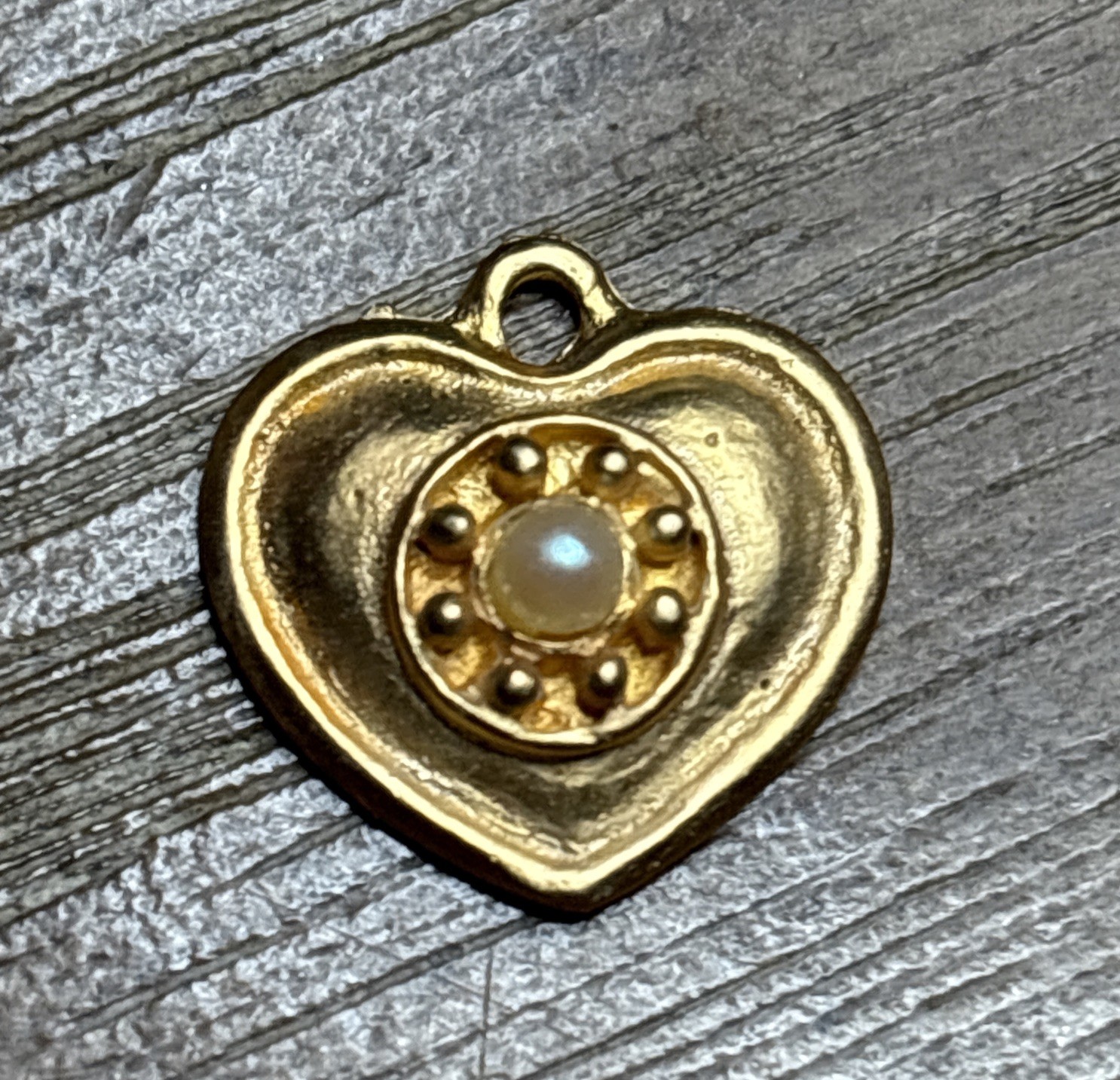 VTG Etruscan Heart Pendant Matte Gold Tone Faux Seed Pearl Dainty .75” No Bail