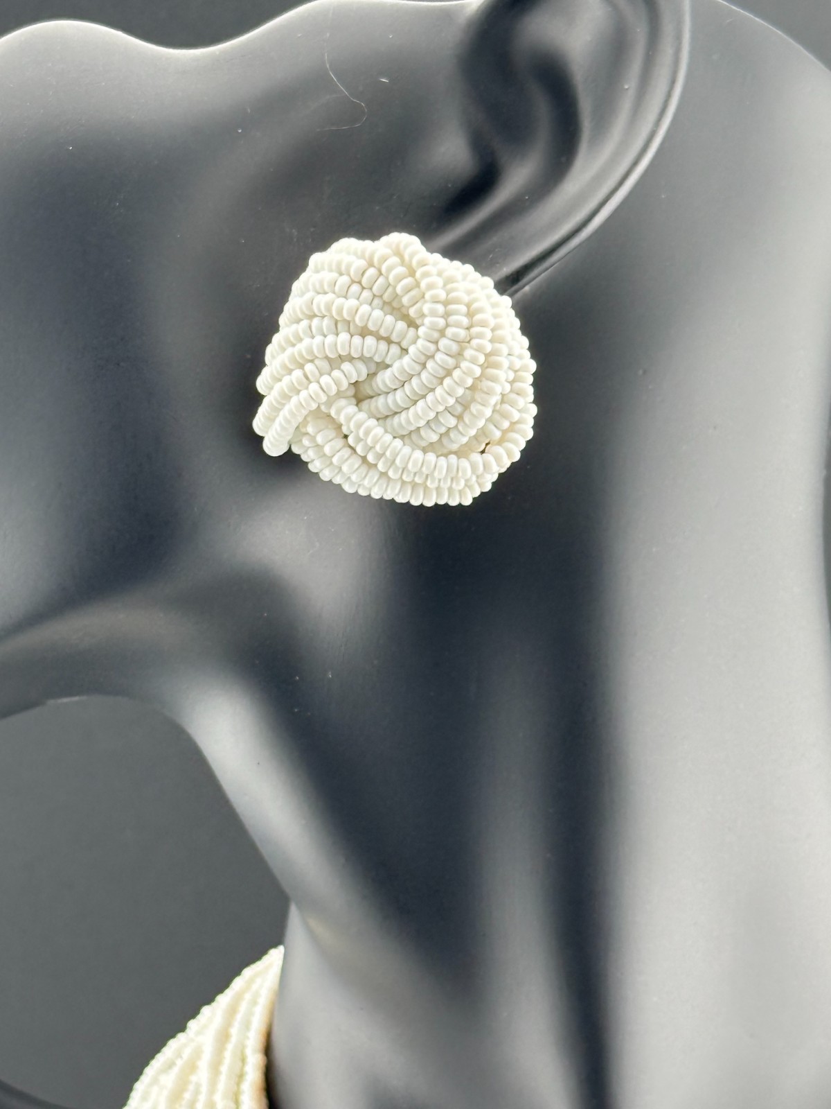 Vintage White Seed Bead Multi-Strand Statement Necklace and Clip-On Earrings