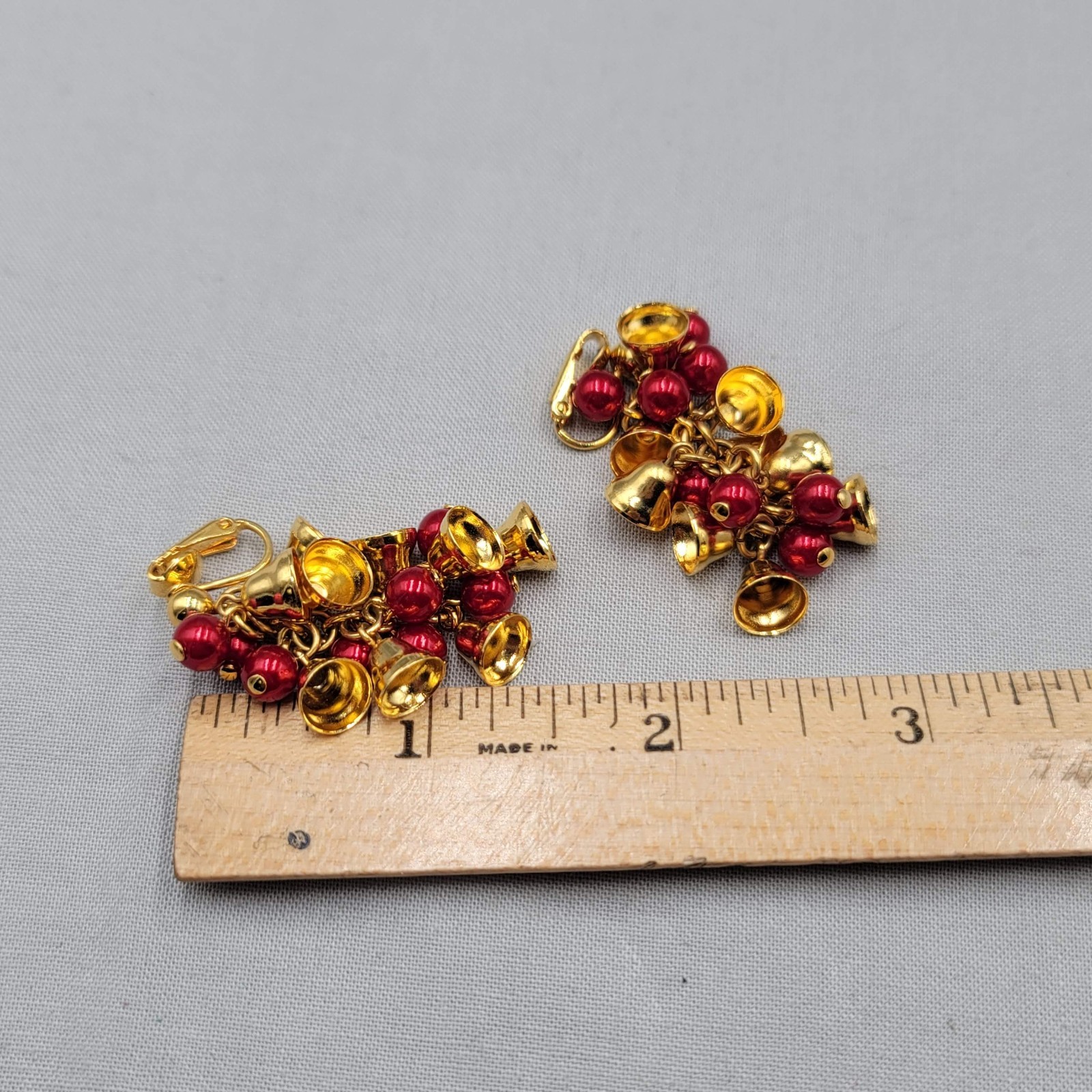 Vintage Avon Red Bead Jingle Bells Clip on Earrings Gold Plated Christmas 1.5″