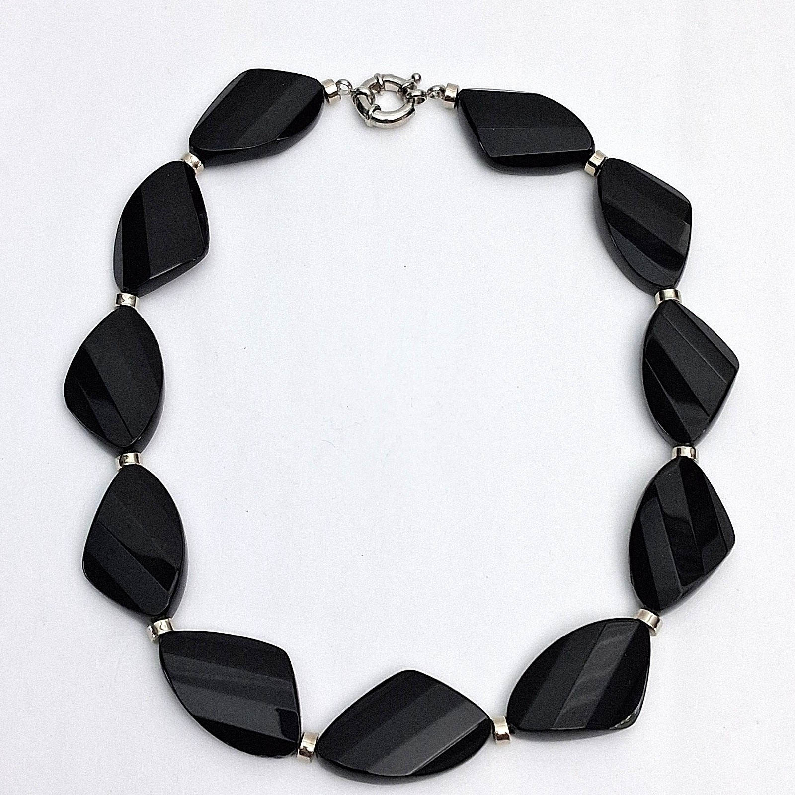 VINTAGE 80’s Jet Black Glass Faceted Bead Statement 114g Piece Necklace 17.5″