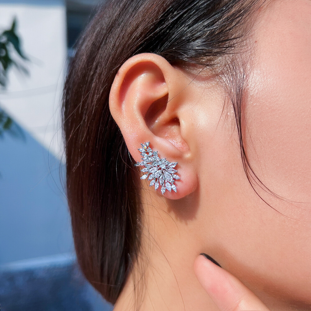 Silver Plated Symmetrical Cubic Zirconia Ear Cuff Climber Wedding Stud Earrings