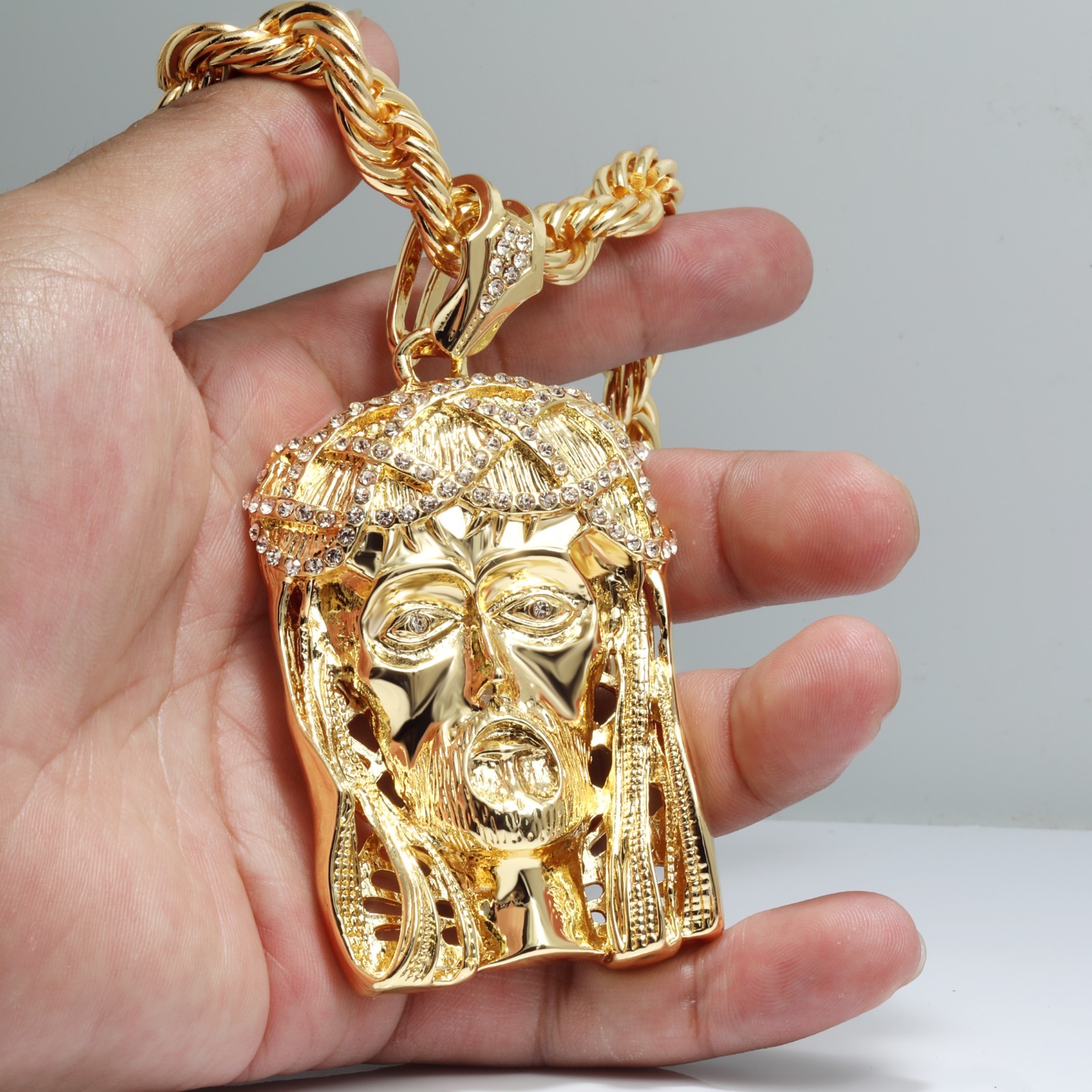 14K Rope Chain 10mm 20″ & 24″In | Large Crowned Jesus Piece Gold Plated Hip Hop