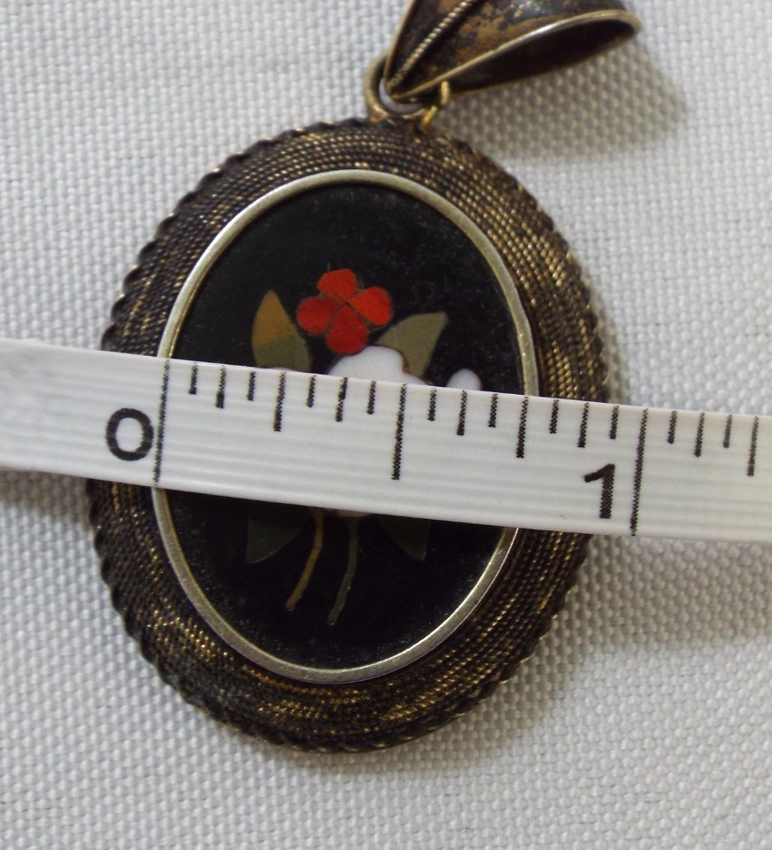 Antique Italian Pietra Dura Inlaid Mosaic 2 Sided Pendant Sterling Silver 12.1g