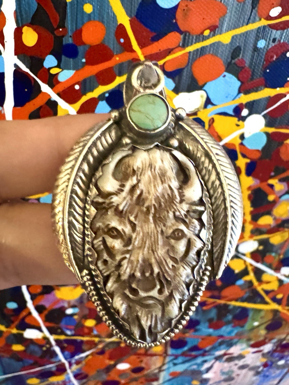 Hand Carved Bone Pendant,Bison Art,Auspicious Floral Carving,Turquoise & Silver