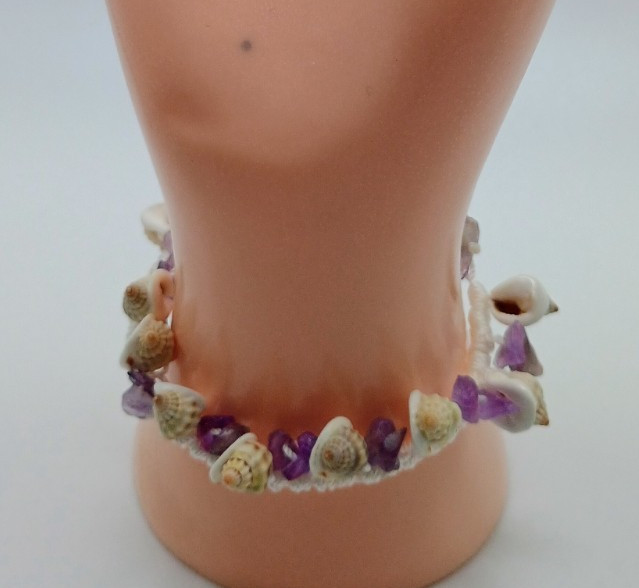 Macrame Beach Anklet with Amethyst and Natural Shells