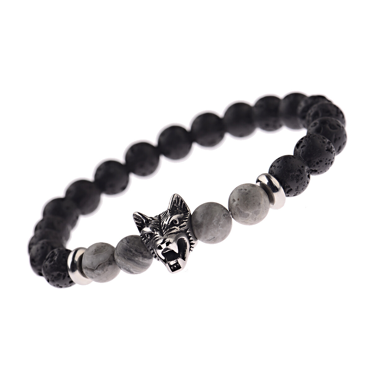 2Pcs Punk Men’s 8mm Lava Rock Diffused Stone Wolf Head Charm Bracelets Bangle