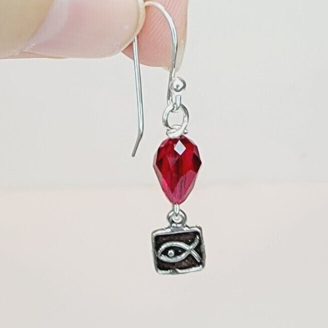 Hypoallergenic Dangle Earrings With Swarovski Crystals Red Color And Jesus Fish