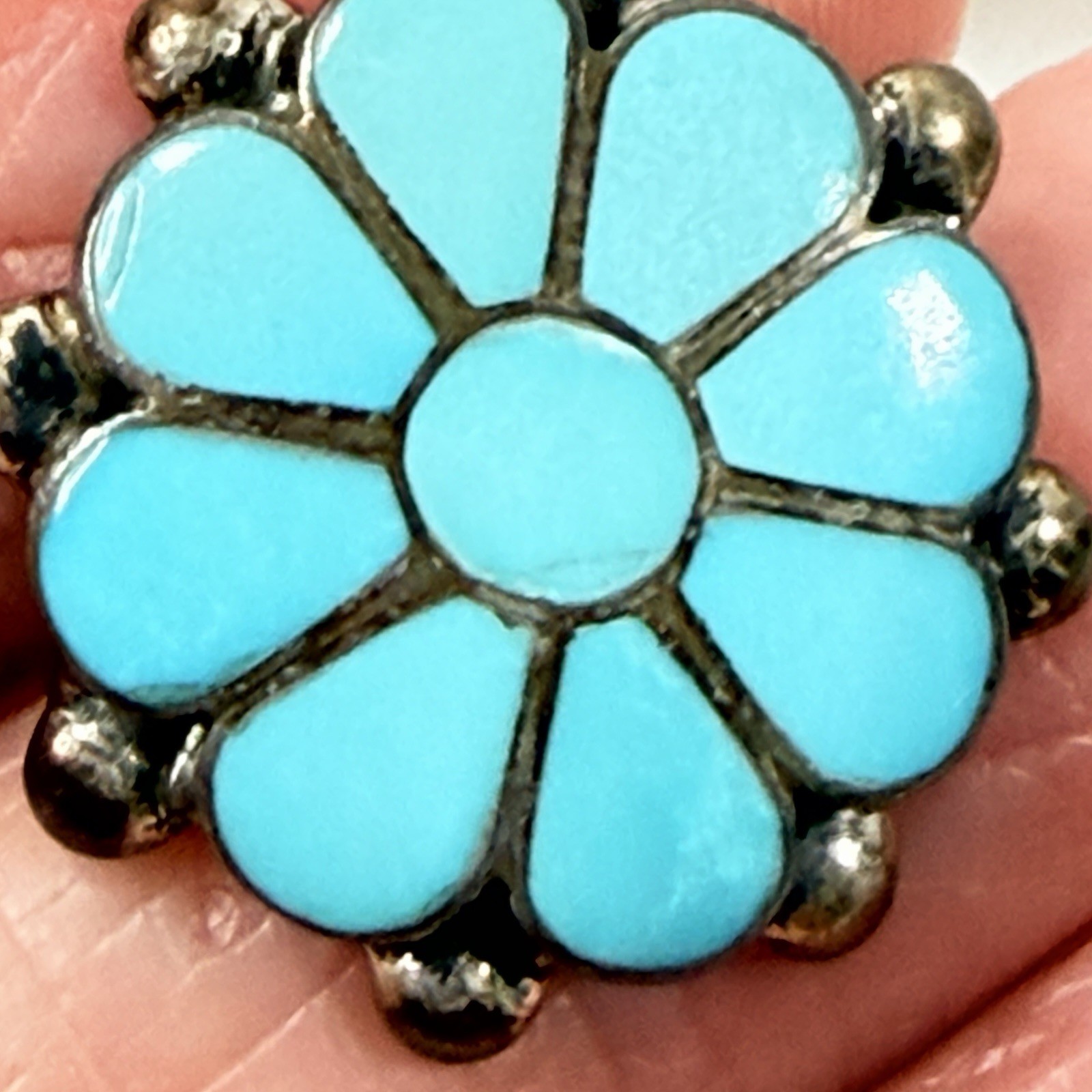 Vintage Frank Vacit Earrings Zuni Turquoise Inlay Sterling Silver Pierced READ