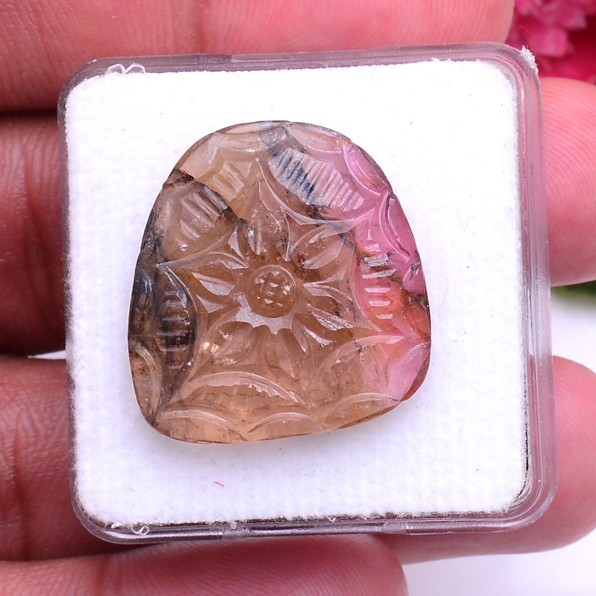 27.40 Cts Natural Carved Tourmaline 23mm*22mm Bi Color Untreated Loose Gemstone