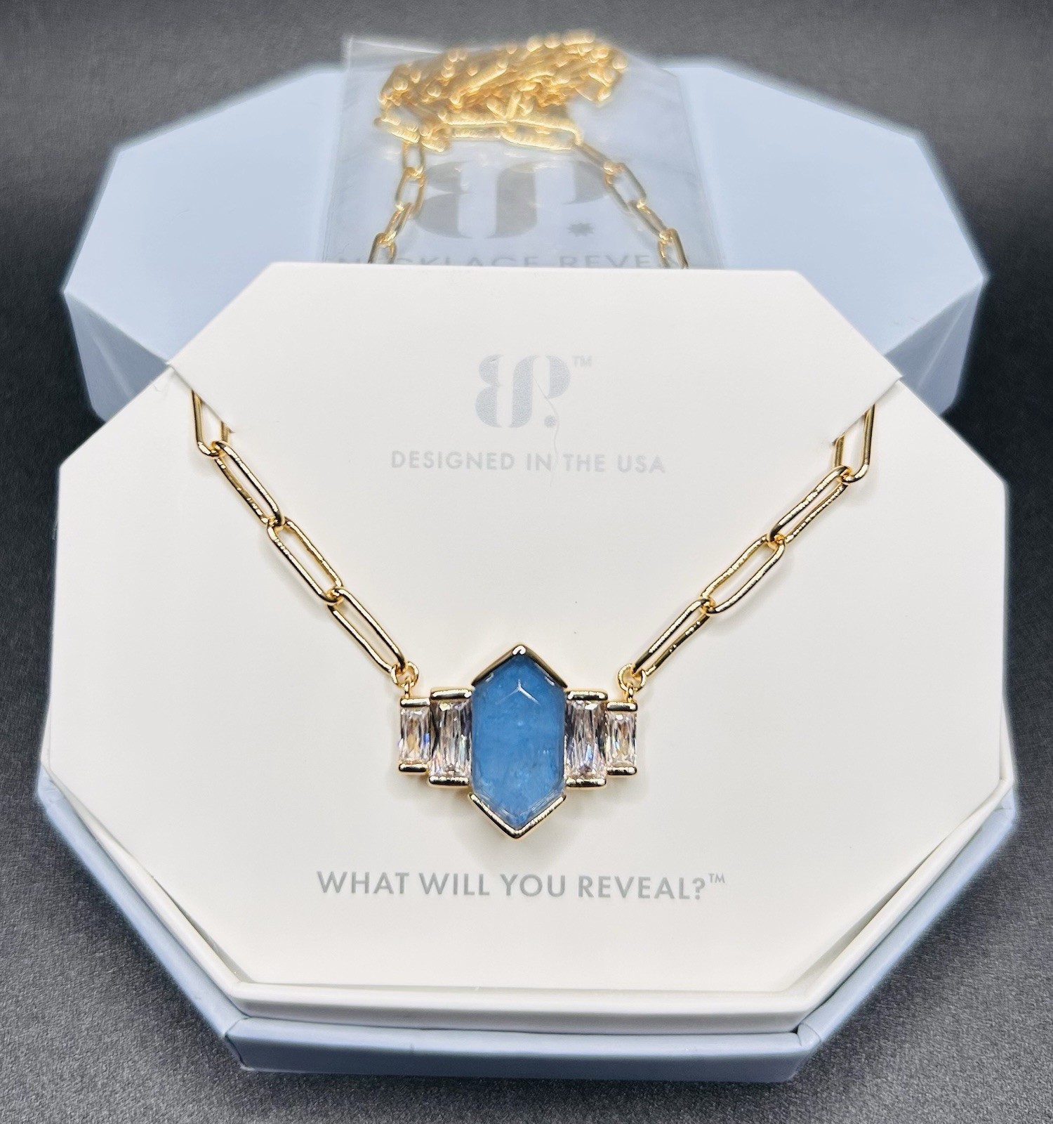 Bomb Party OG Necklace NK93233 “Luxe Allure” LC Ocean Blue Quartz Gold Plating