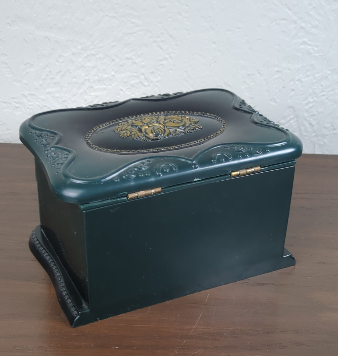 Plastic Table Top Dresser Drawer Jewelry Box Dark Green Gold Florals Paisley Fab