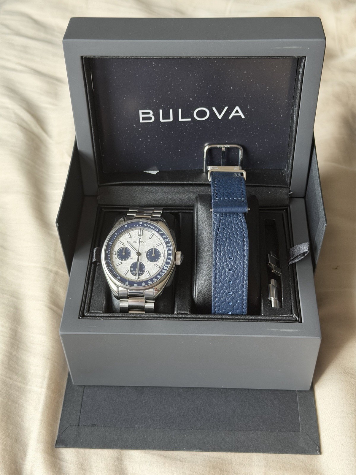 Bulova Lunar Pilot 98K112 Blue Panda 43.5mm Box Bracelet Leather Mint