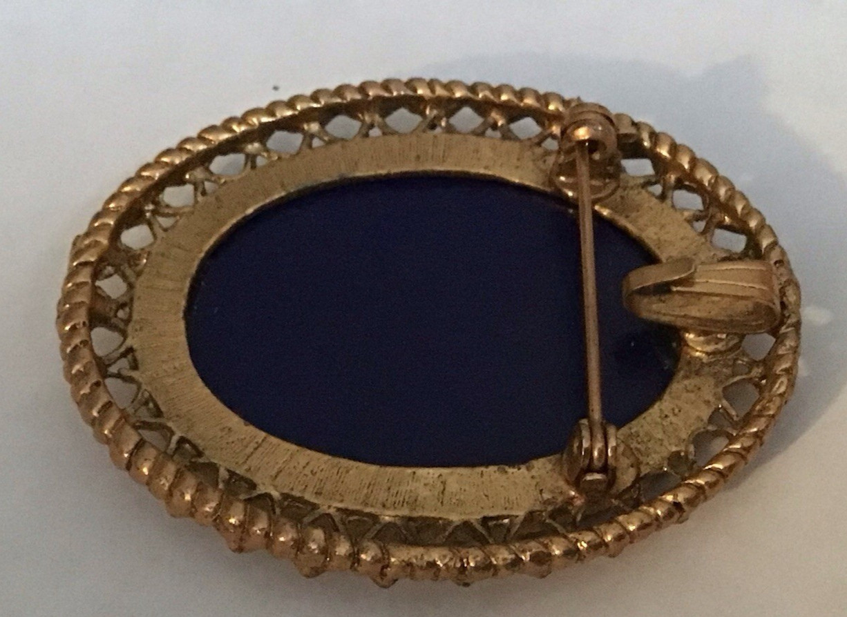 LIMOGES France Pendant/Brooch~ The Proposal~Vintage Cobalt/Gold Tone Brooch 2″L