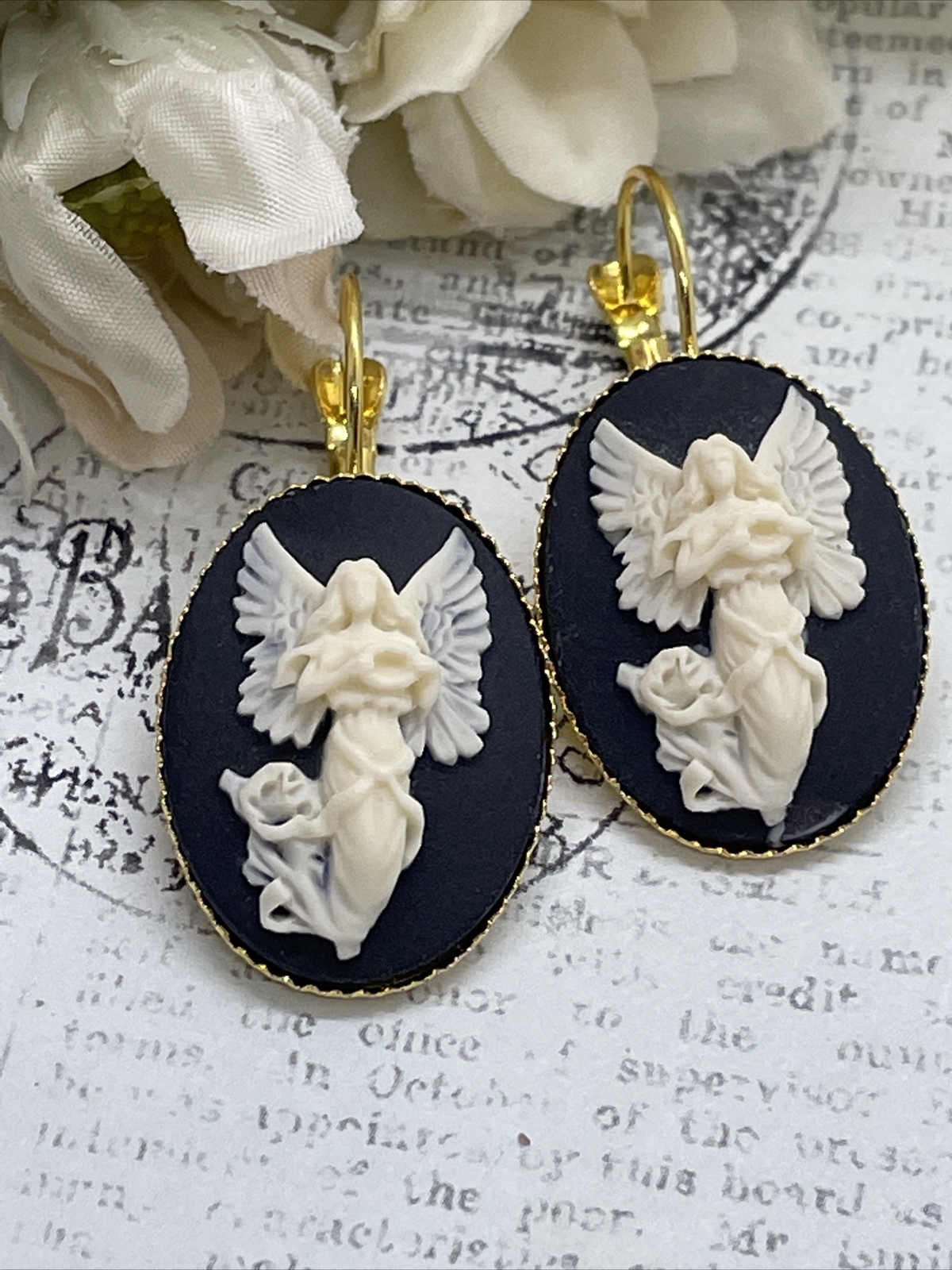 Gold Cream & Black Victorian Angel Wedding Anniversary Earrings Cameo Birthday