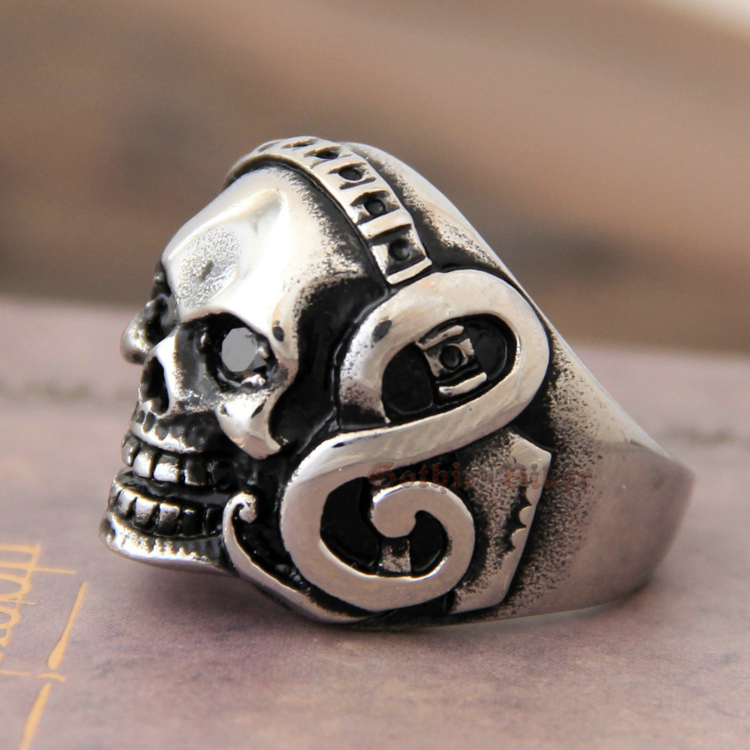 Men’s Rock’n Roll Music Guitar Black CZ Skull Stainless Steel Rocker Ring Size 8