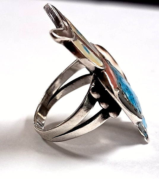 NATIVE AMERICAN ZUNI STERLING OWL RING TURQUOISE, MOP, CORAL (sz 6.5) 7.83gr