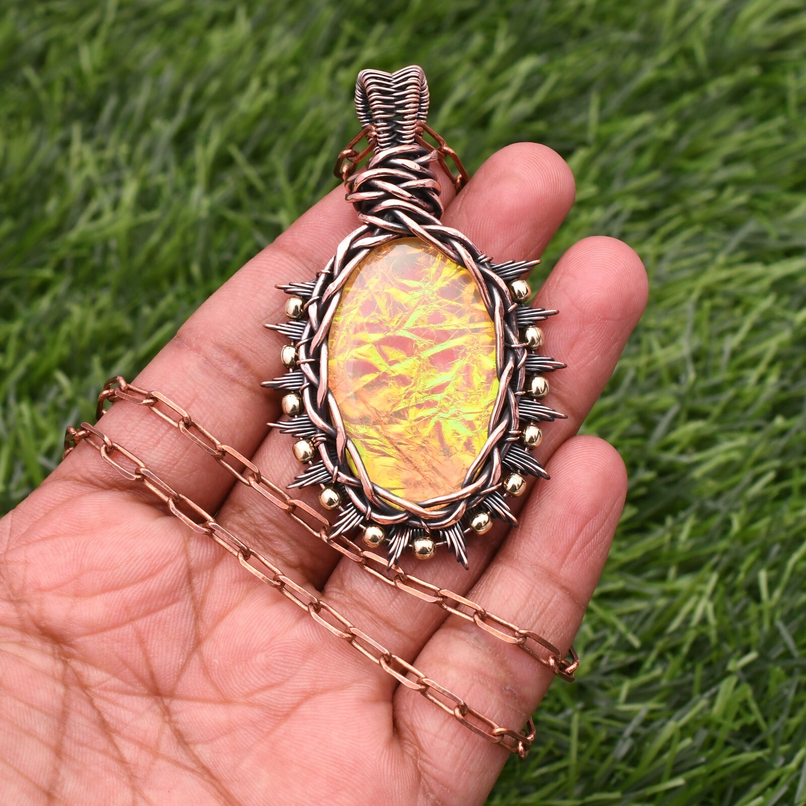 Triplet Fire Opal Gemstone Copper Wire Wrap Handmade Jewelry Pendant 2.28″