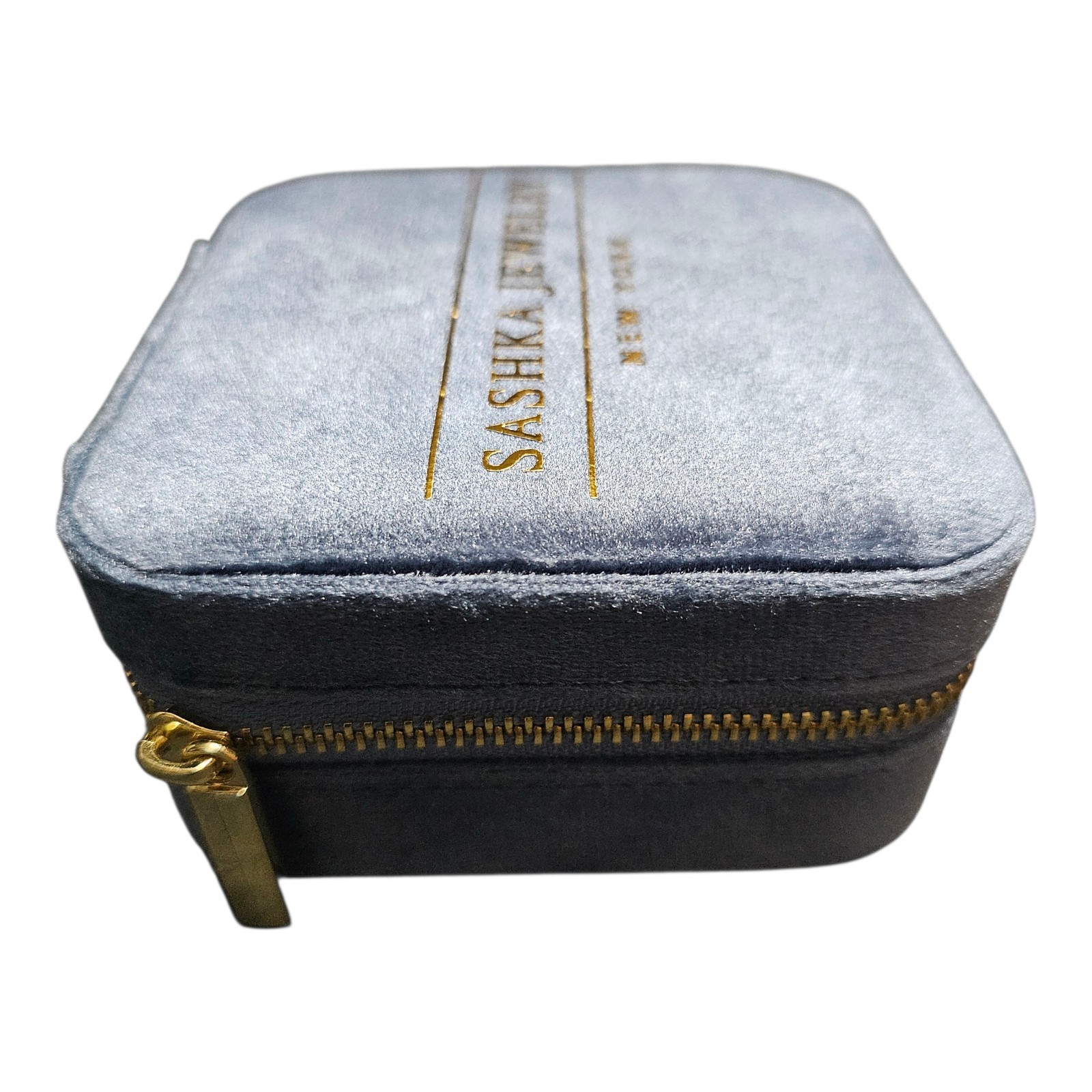 Sashka Jewelry Box Travel Organizer Plush Velvet Blue Mirror Zipper 4″ x 4″ x 2″