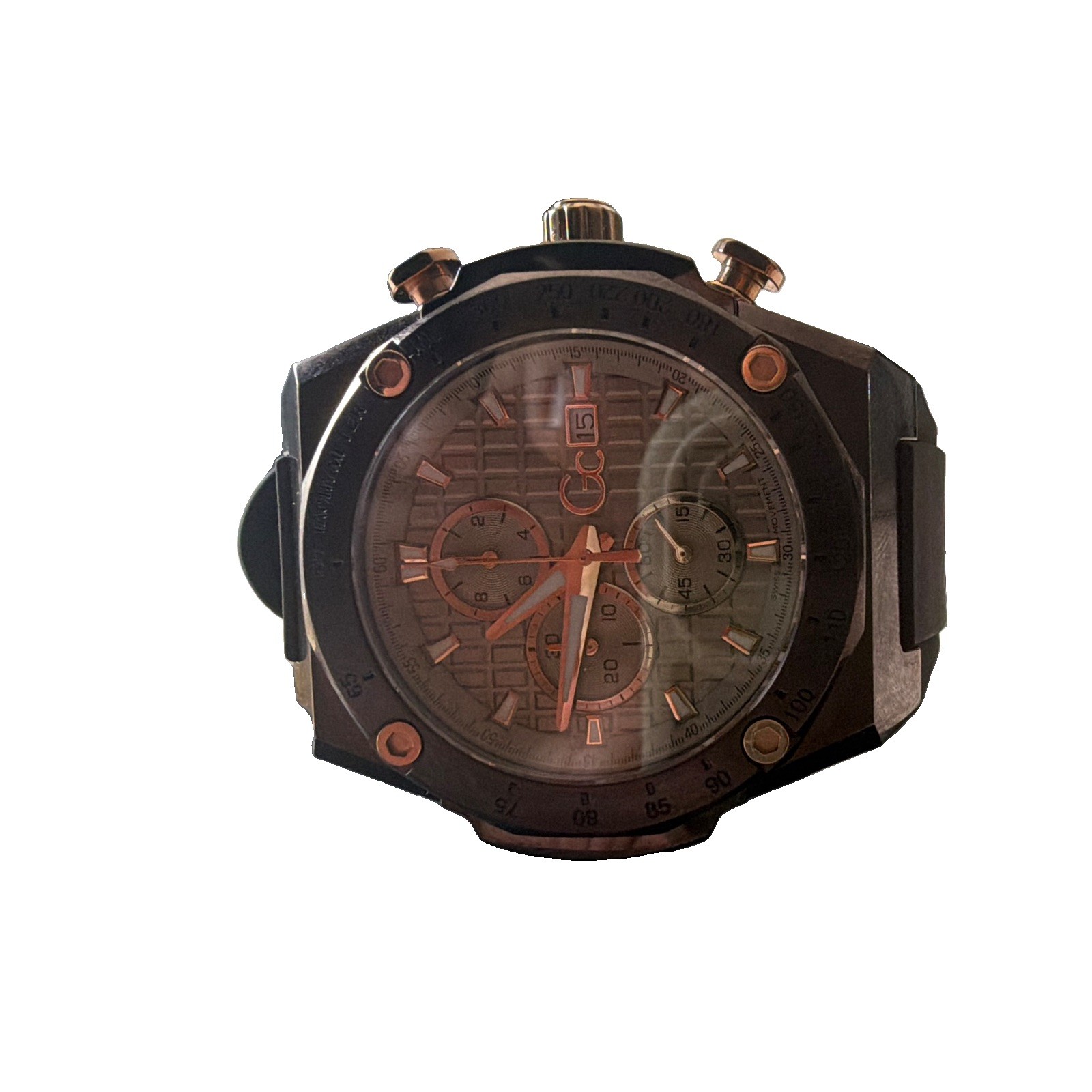 Gc Men’s Chronograph Quartz 44mm Black/Rose Gold SS Watch Black Rubber