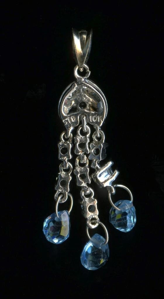 10K 1.79 Gram 34mm Solid White Gold Pear Blue Topaz Natural Diamond Pendant *RH