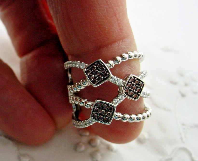 Sterling Silver FUZION CREATIONS CZ & Black Spinel Split Band Ring Size 5.75