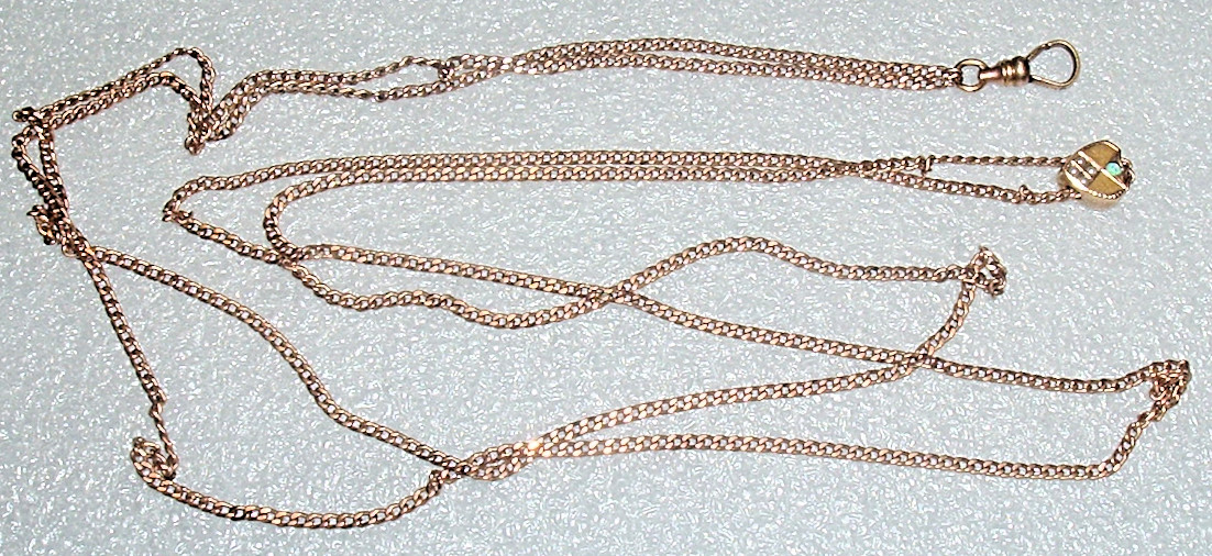 S.O.B. 12K GF Pocket Watch CHATELAINE CHAIN Seed PEARLS Fire OPAL 48″ 13.5grs