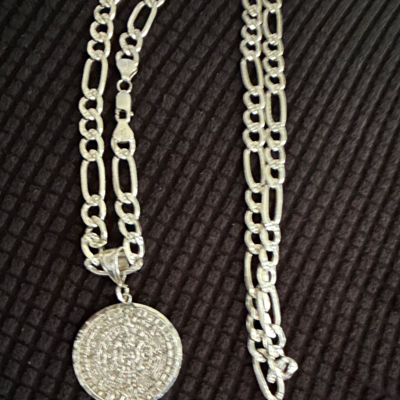 Sterling Silver 925 Figaro Chain Necklace Round Coin Medal Pendant solid 65.2g