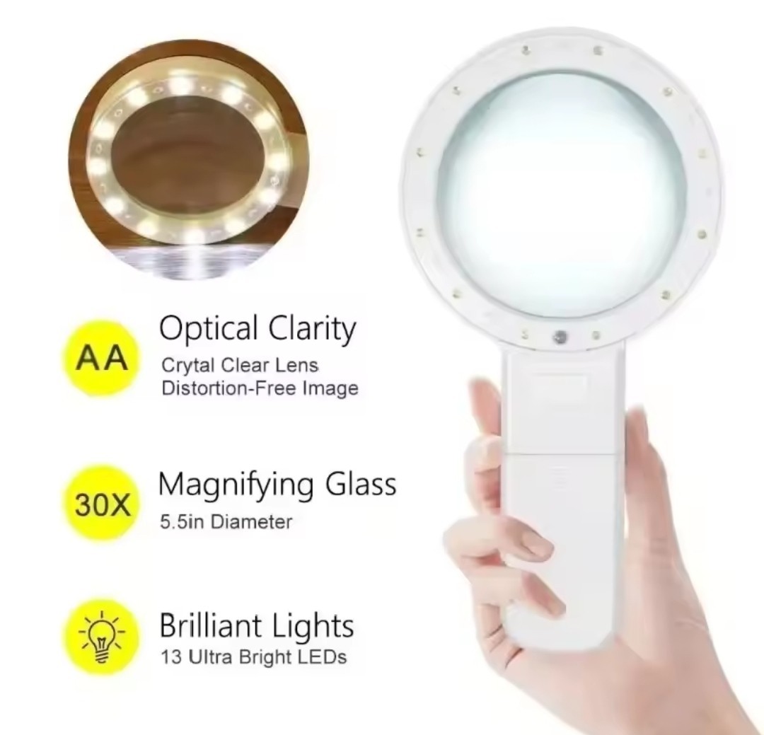 30X Jumbo Handheld Magnifying Glass w/ 12 Bright LED Light Illuminated Magnifier