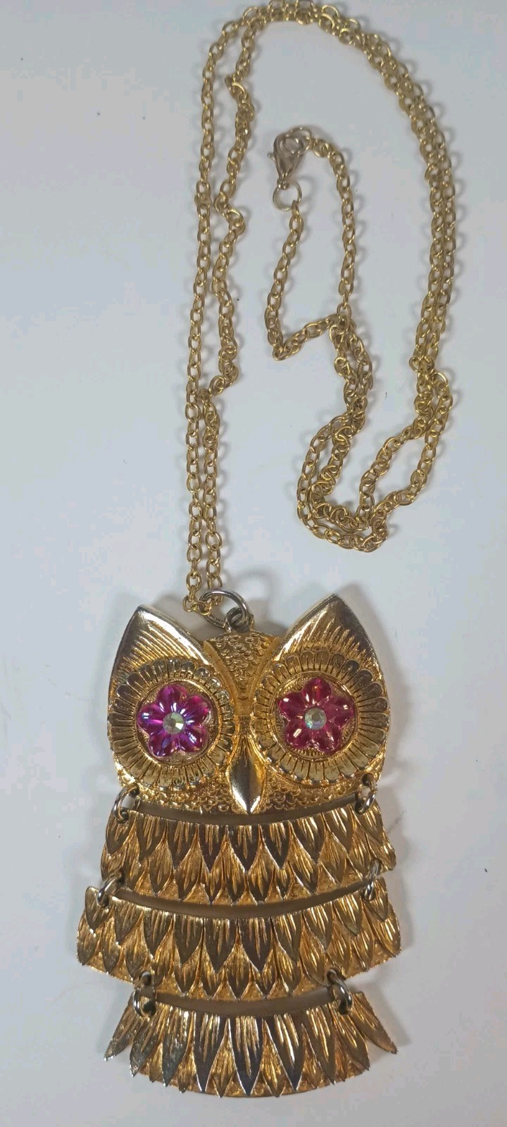 Vintage Articulated Gold Tone Owl Pendant Necklace With Pink Floral Eyes