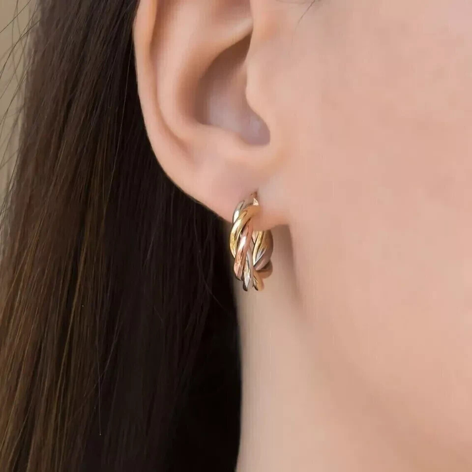 Estate Vintage 14K Yellow Rose White Gold Plated TRI Color Hoop Earrings