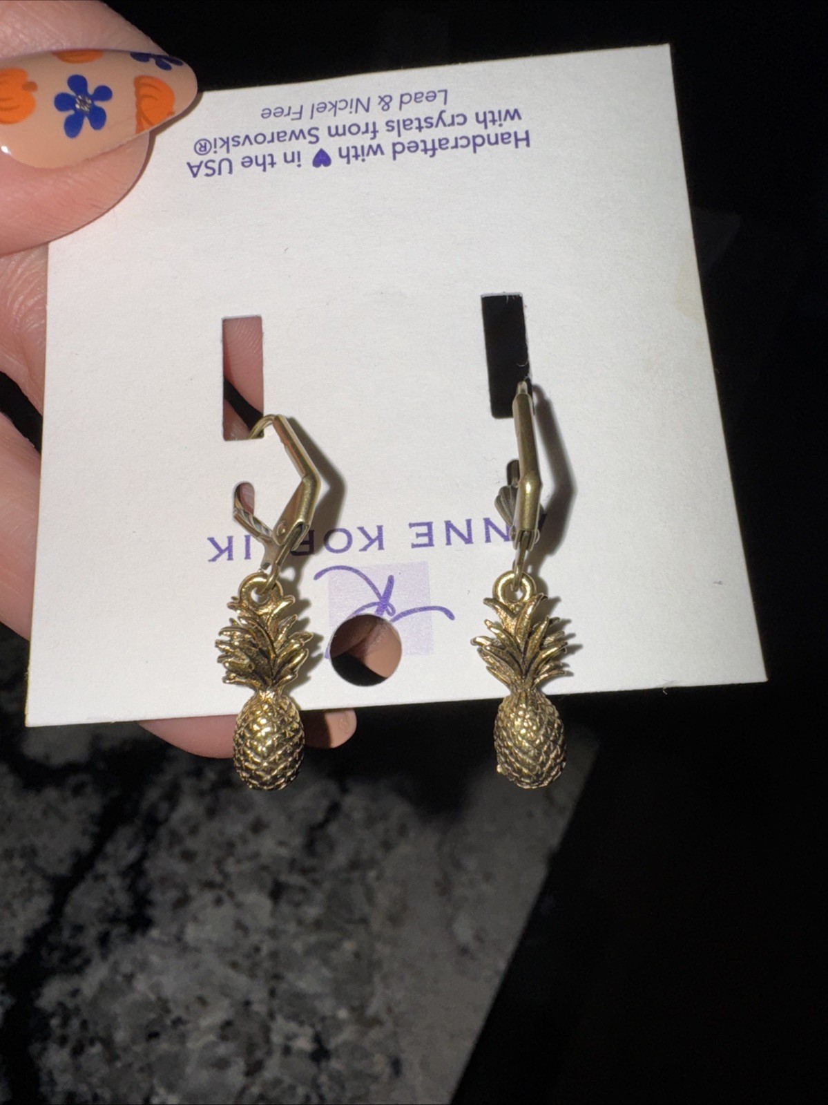 Anne Koplik Pineapple Dangle Earrings Gold USA made lead and nickel free nwt