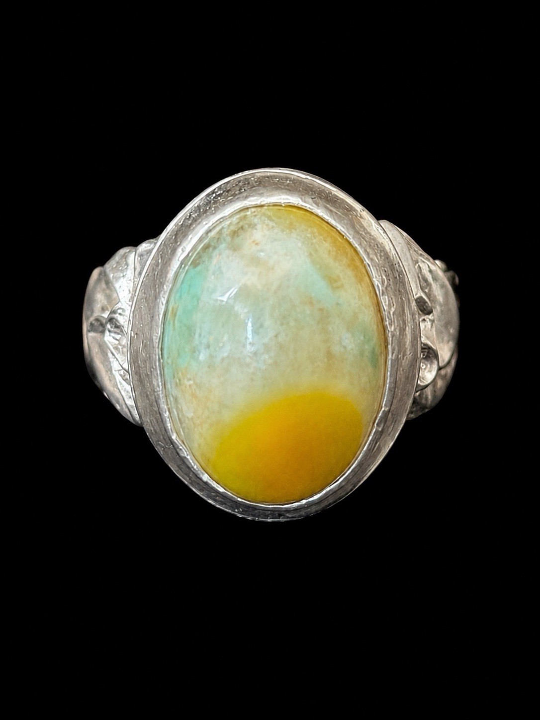 Silver Tone Oval Yellow Green Agate Cabochon Bezel Cocktail Ring Size 9