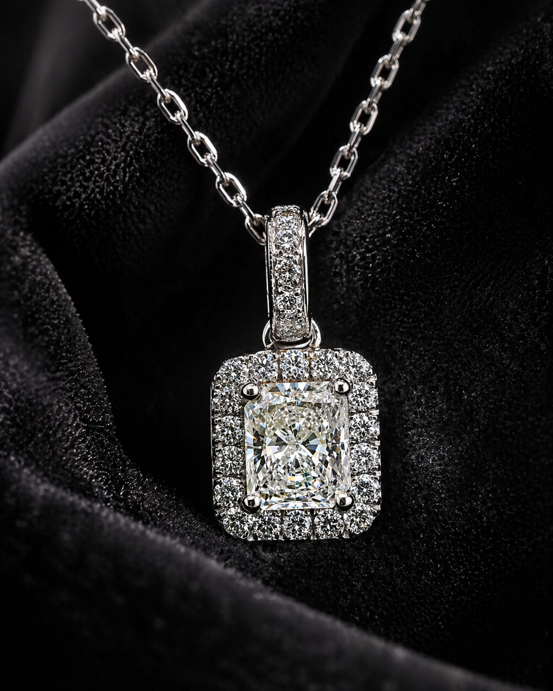 1.40ct Natural Radiant Diamond Halo Pendant Art Deco Necklace 18K White Gold